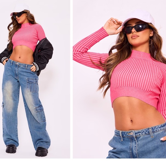 NWT PRETTYLITTLETHINGS- Fuchsia Two Tone Rib Knit Long Sleeve Top - Picture 2 of 2